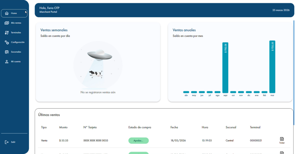 Pantalla módulo Merchant Portal de Onyra